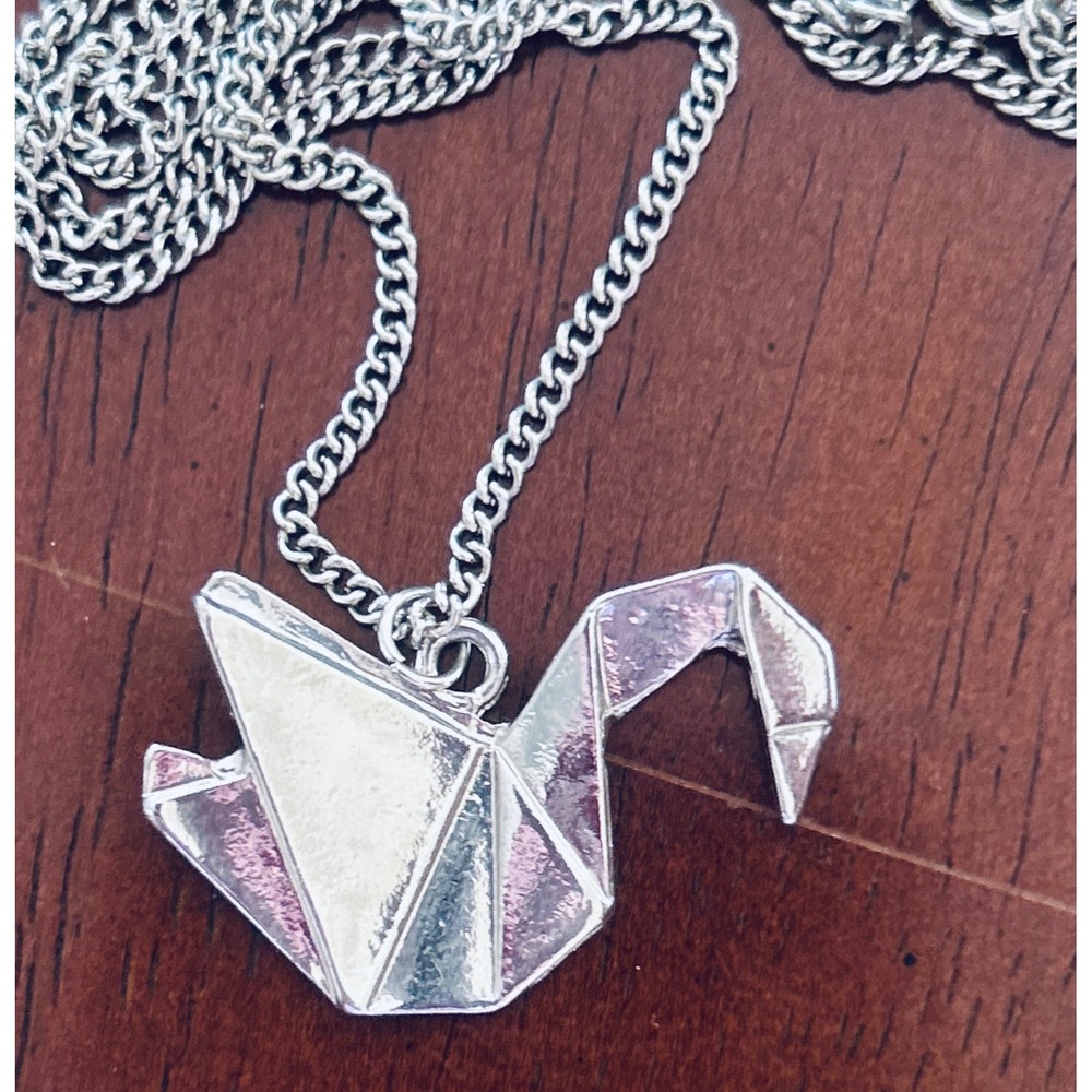 Vintage Origami Swan Crane Necklace Silver Tone 13" Silver Excellent Minimalist - Picture 2 of 4